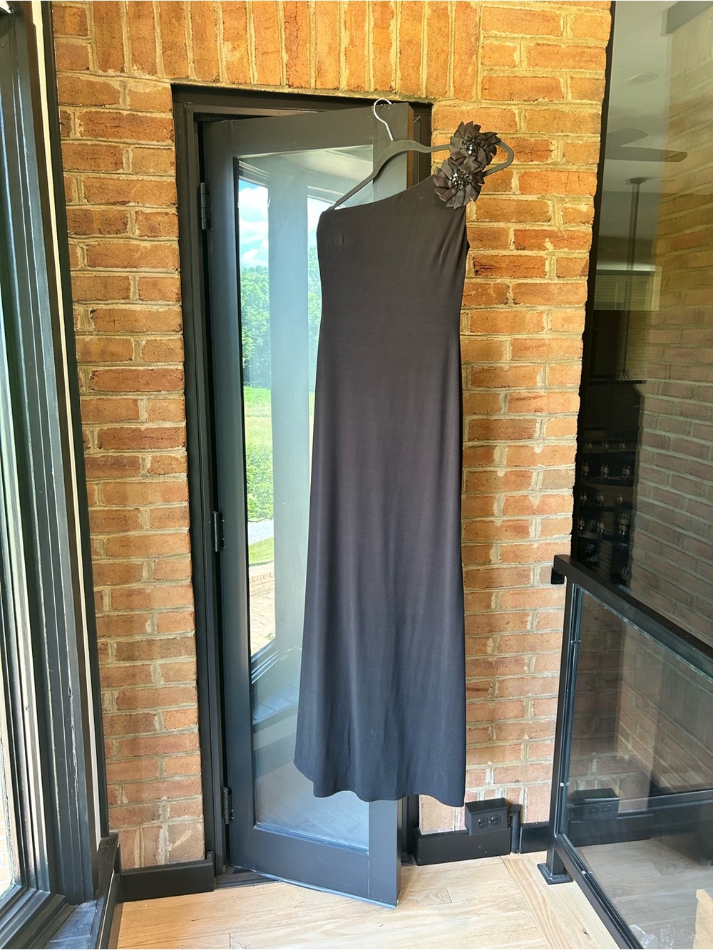 JS Boutique Black One-Shoulder Maxi Dress with Floral Shoulder Detail